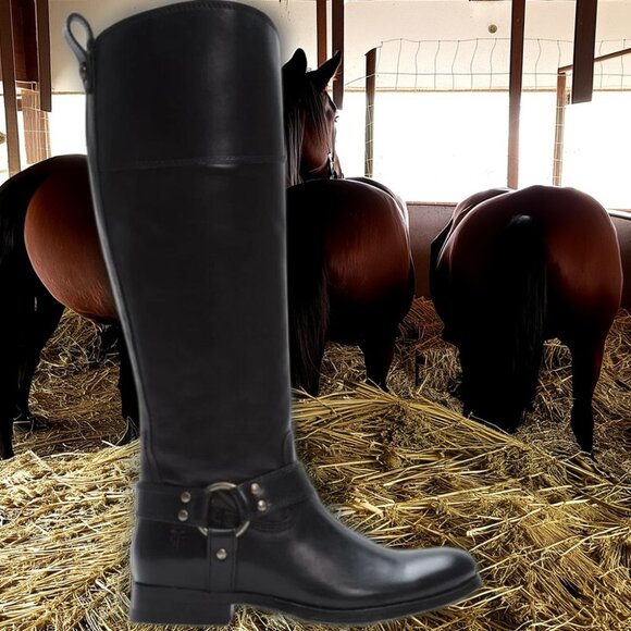 Frye Melissa Tall Black Leather Harness Equestrian Riding Boot, Size 7.5 - Picture 1 of 12